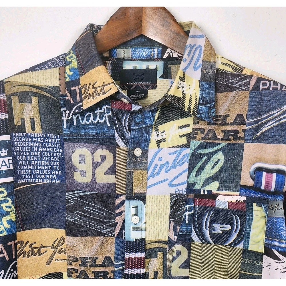 Phat Farm Graphic‎ Print Button-Up Shirt Mens Large 1990s Y2K Streetwear Casual